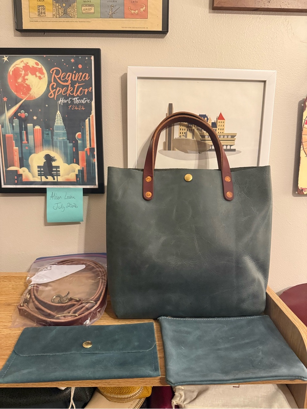 EUC KMM Atlantic Blue Mini Tote with brown strap/matching zip pouch and clutch
